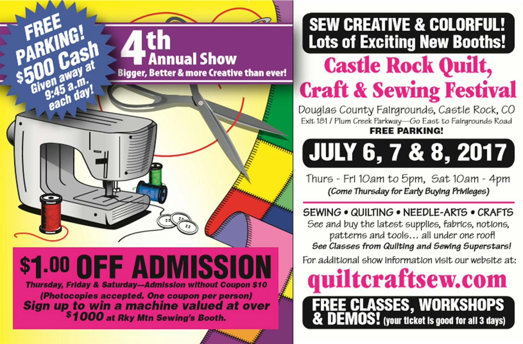 Postcard with information for the Rocky Mountain Quilt, Craft & Sewing Festival including coupon for $1.00 off admission