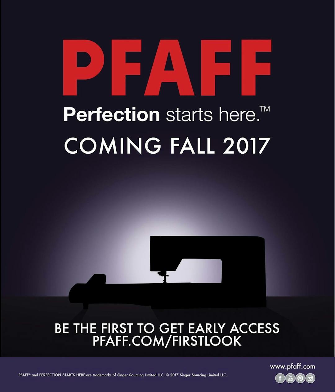 teaser poster showing silhouette of sewing machine and notice that a new PFAFF Creative Icon is coming in Fall, 2017