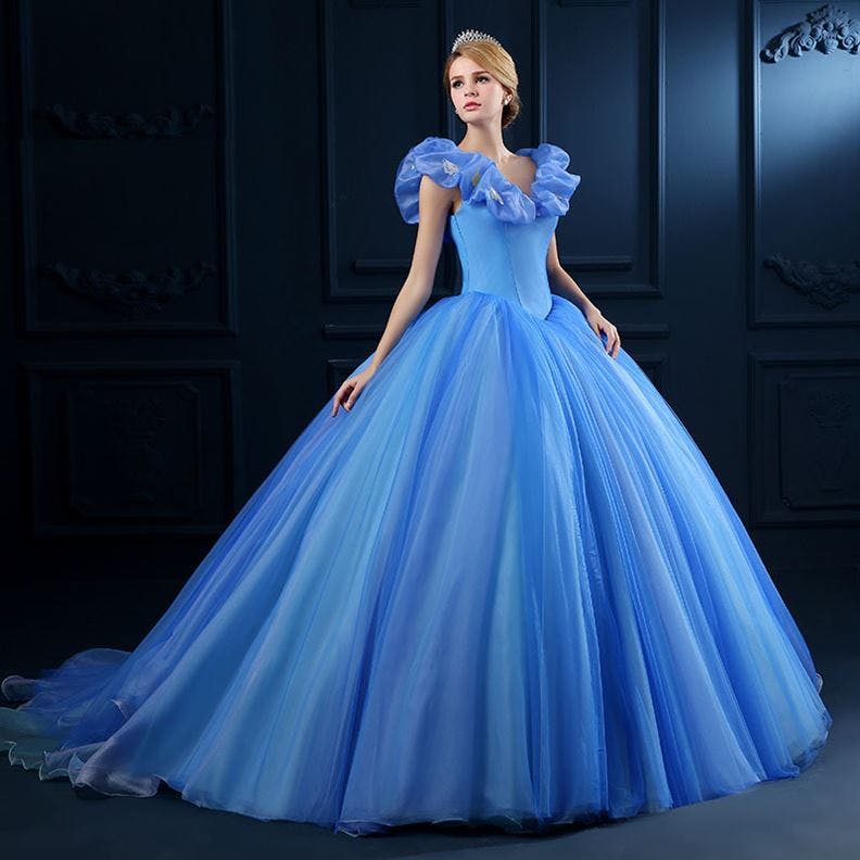 Photo of woman in long blue "princess dress" to illustrate gathering fabric