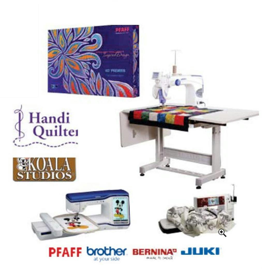 Tech Party teaser with company logos and photos of Handi Quilter, Dream Machine and PFAFF machine