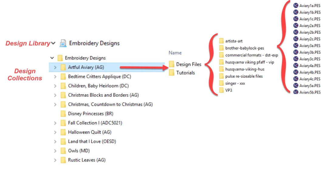 Manage Embroidery Collections: Screen shot of Windows Explorer showing design collection organization
