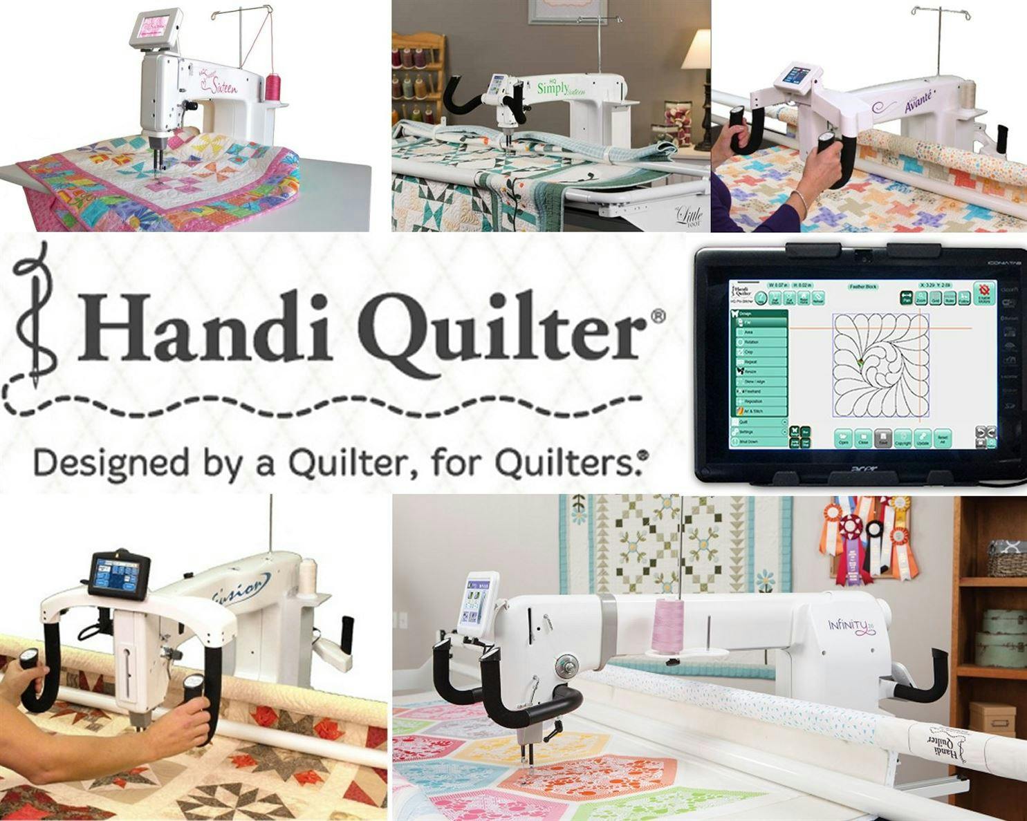 Graphic of Handi Quilter logo and various machines