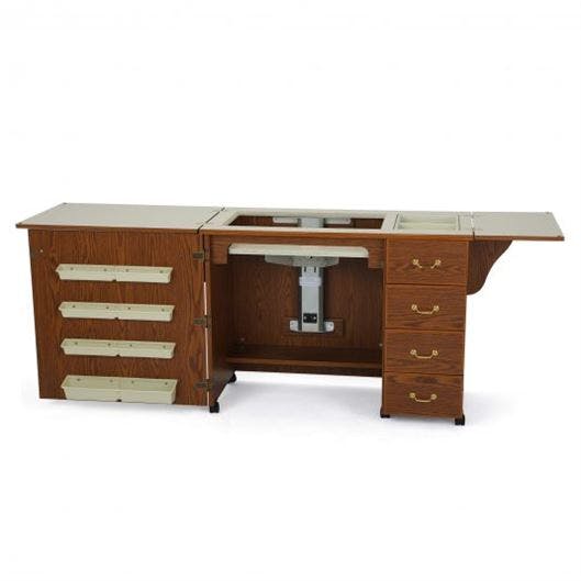 Arrow Norma Jean oak grain sewing cabinet open with lift