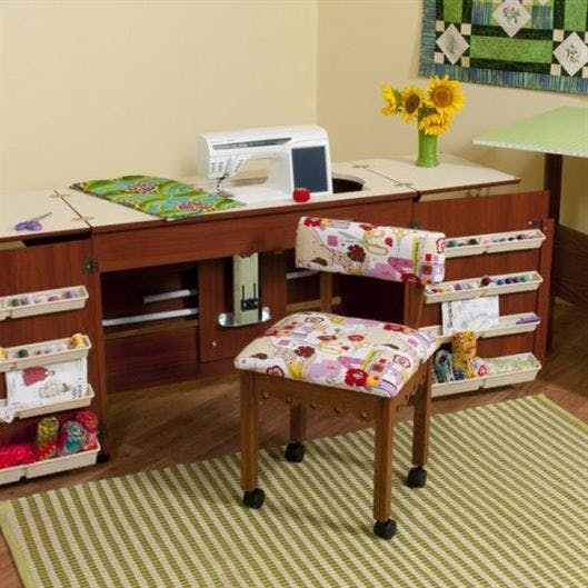 Arrow Bertha sewing cabinet in cherry with sewing machine