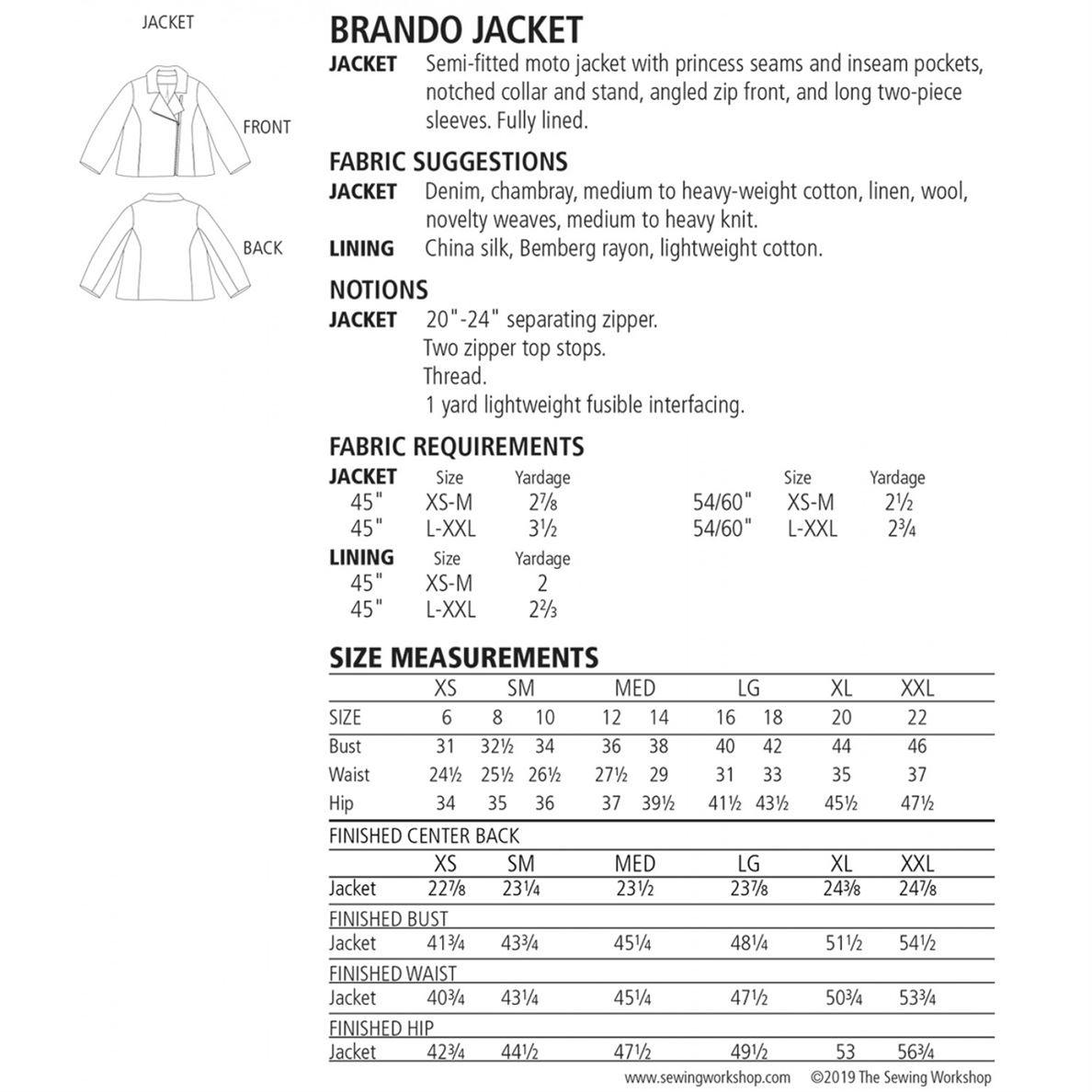 sizes and yardage for brando jacket pattern
