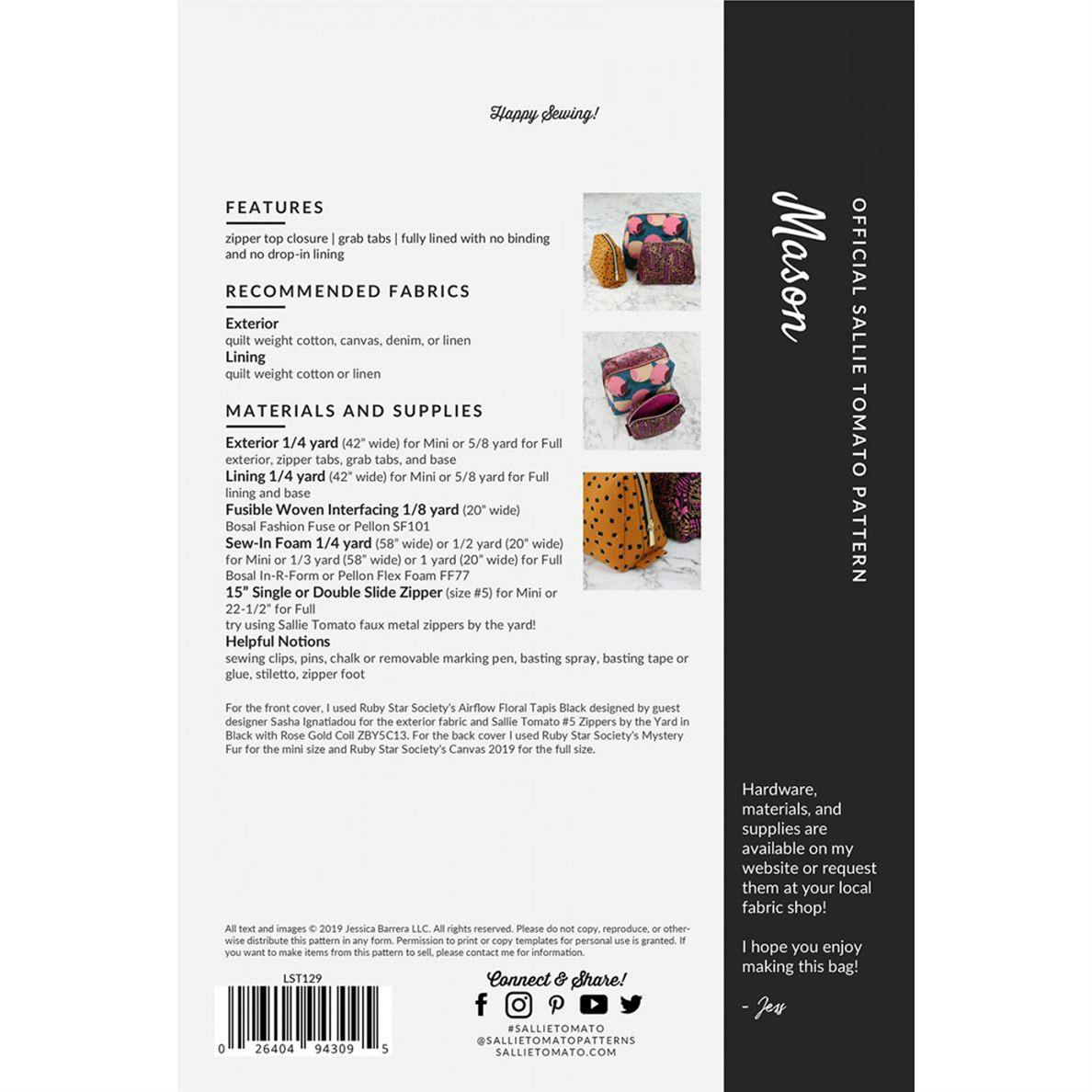 Mason zipper bag pattern materials list