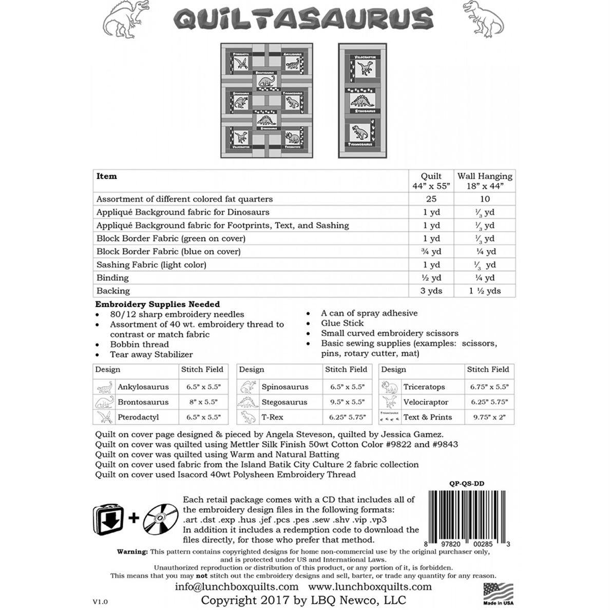 Materials list for Quiltasaurus quilt or wall hanging