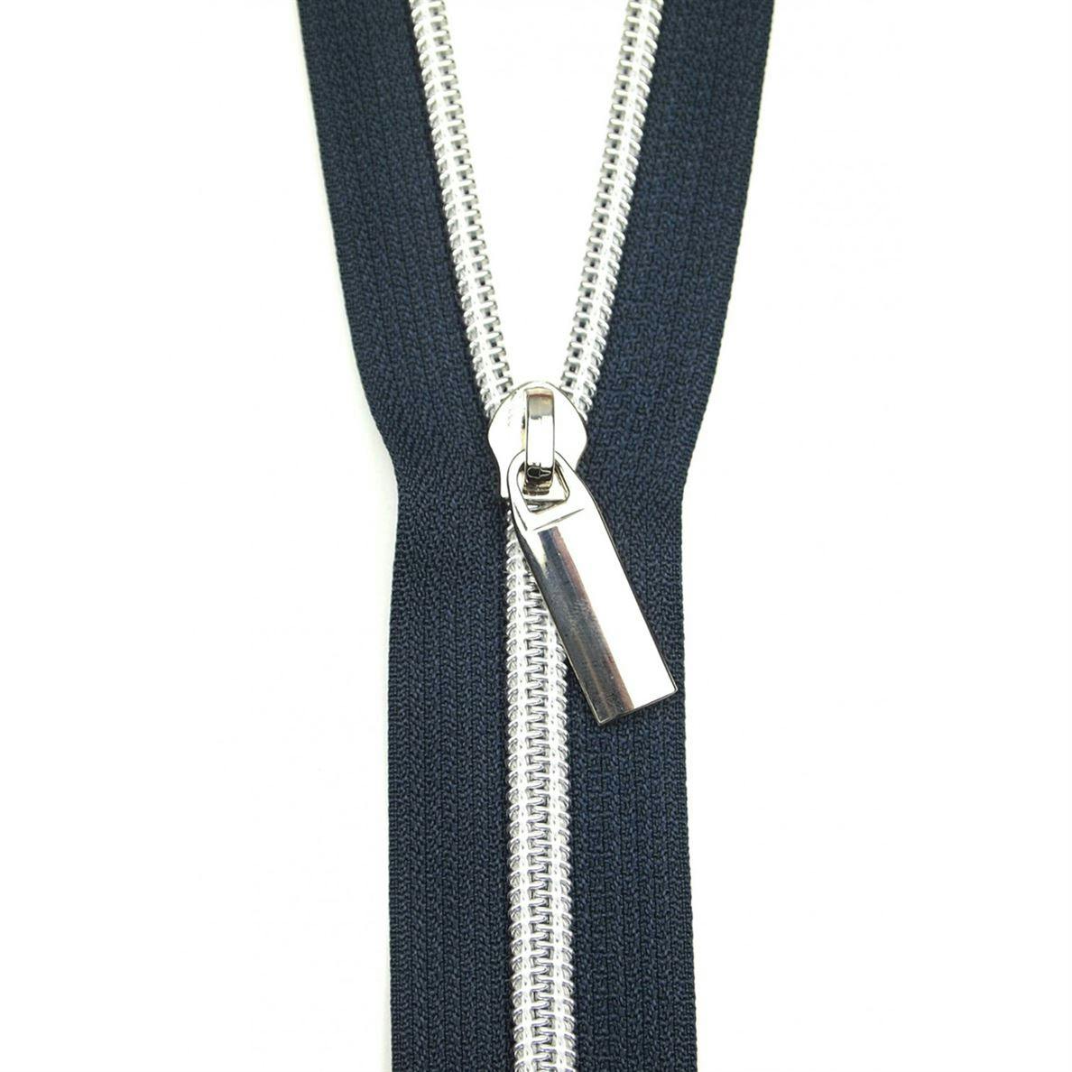 Navy Zipper By The Yard with silver teeth and pull